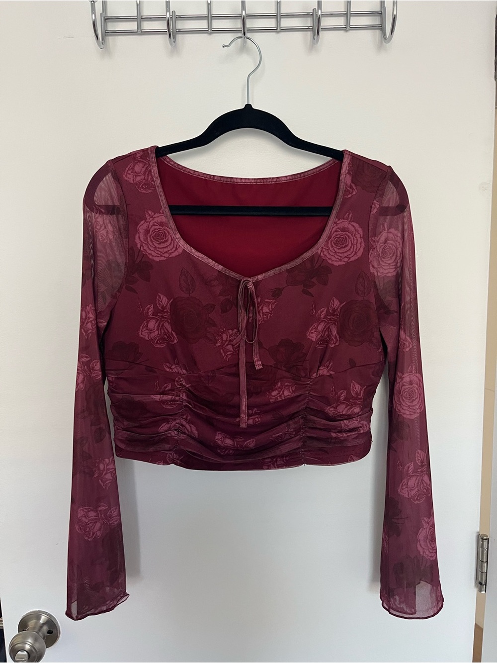 NWOT Floral Tie-Front Burgundy Crop Top